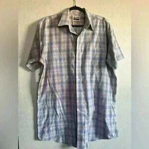 Wrangler Riata Mens Button Down Shirt S L Blue/ Pink Plaid Short Sleeve Western